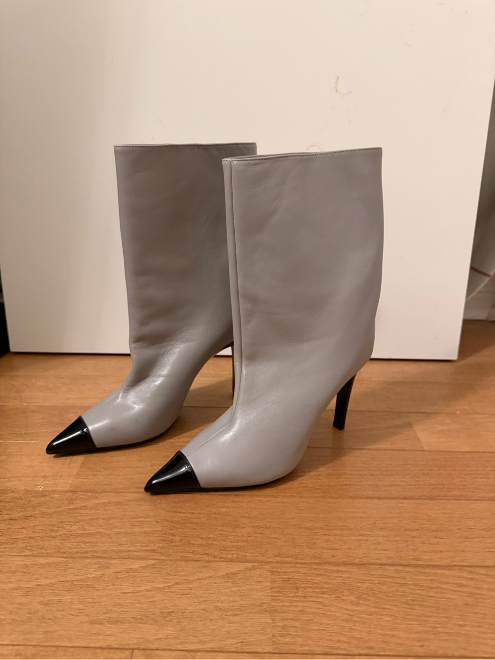 Jimmy Choo Light Gray Leather Ankle Boots with Black Pointed Cap Toe